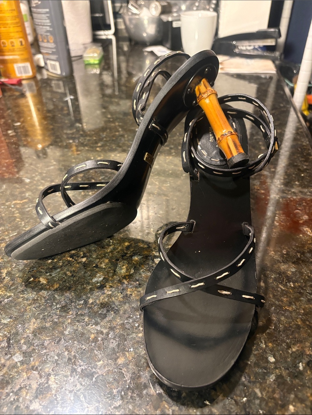 Rare Gucci Tom Ford bamboo heel black white stitch wrap around ankle heels. - Picture 11 of 13